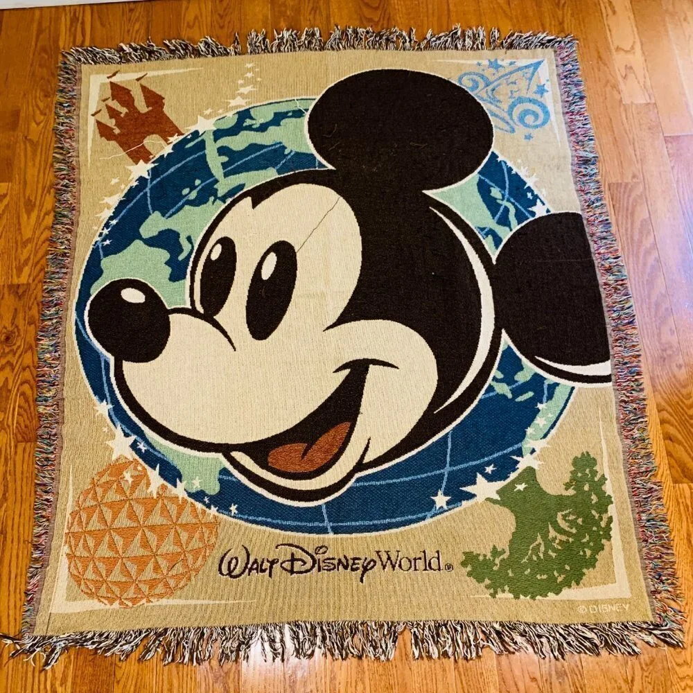 Vintage RARE Disney Mickey Mouse Blanket Fringe 56 X 49